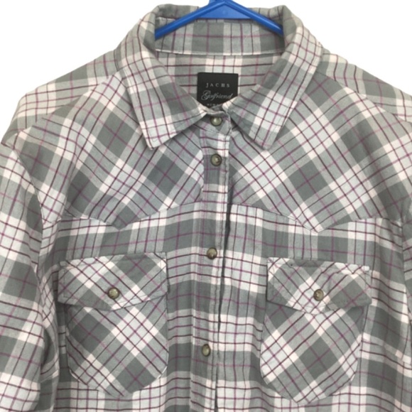 Jachs Girlfriend Flannel Faux Fur Button up shirt size X-Large gray purple plaid - Picture 2 of 9